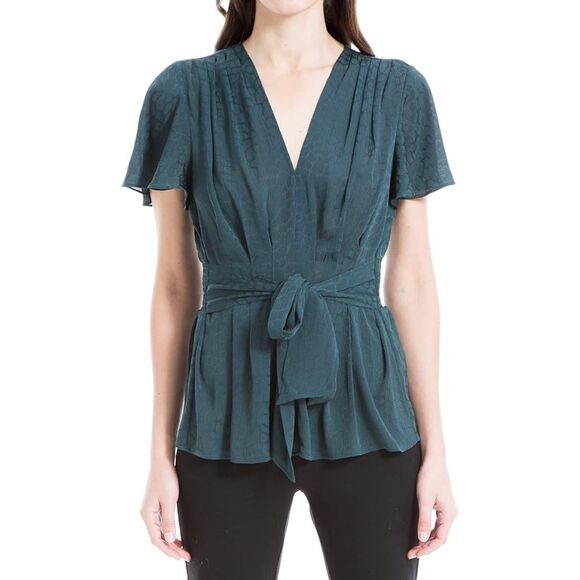 Max Studio Women's Flutter Sleeve Waist Tie Blouse Teal Blue Size XS Classy Date - Picture 1 of 10